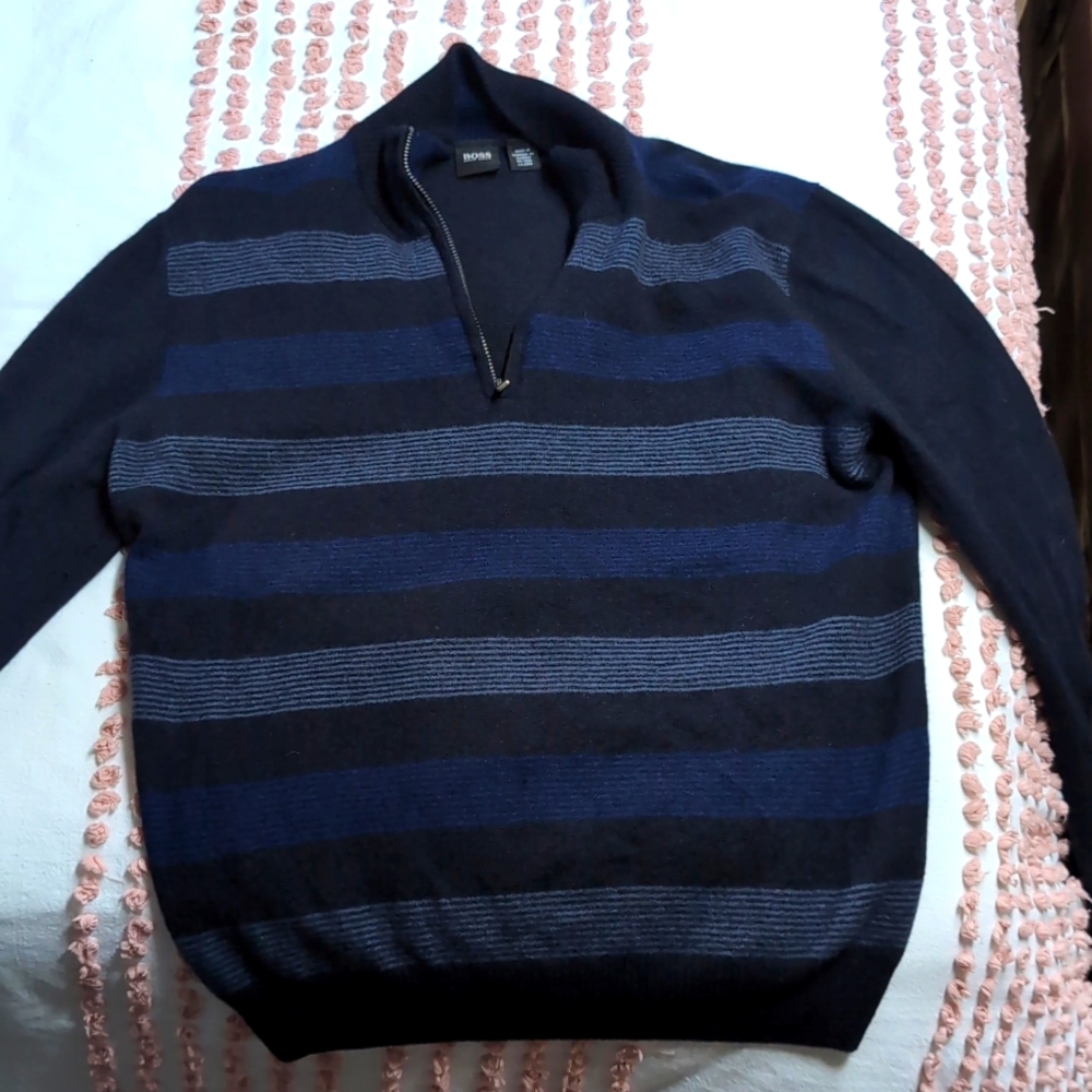 Hugo Boss Wool Blue Zip Up Sweater with Horizontal Stripes